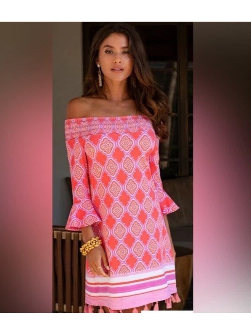 Cabana Life Pink Off-Shoulder Geometric Shift Dress